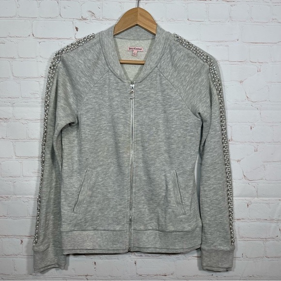 Juicy Couture Sweatshirt Womens Small Gray Full Zip Rhinestones Diamond Pearls - Picture 1 of 11